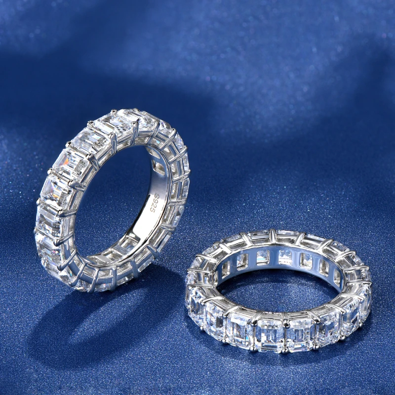 

ANZIW 925 Sterling Silver Emerald Cut Full Eternity Ring for Women Sona Simulated Diamond Engagement Wedding Band Ring