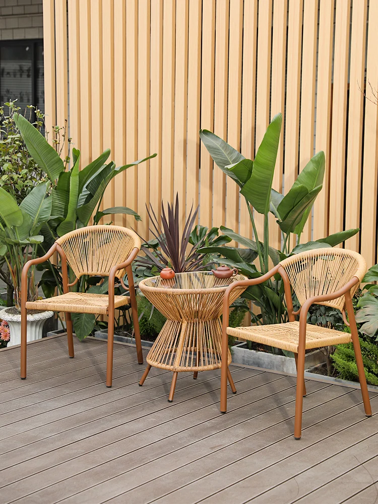 

Outdoor rattan woven table and chair three piece set, balcony tea table and chair, outdoor courtyard table and chair