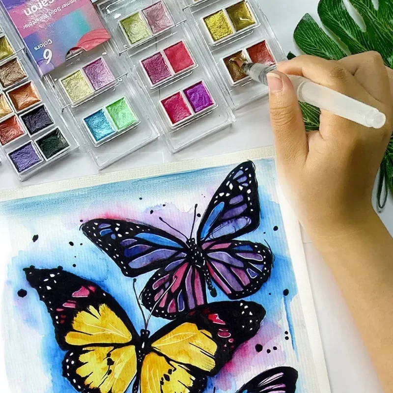 6/12 컬러 수채화 페인트 세트, 메탈릭 글리터 솔리드 안료, 아티스트용 학교 문구, 드로잉 그래피티 도구, 미술용품