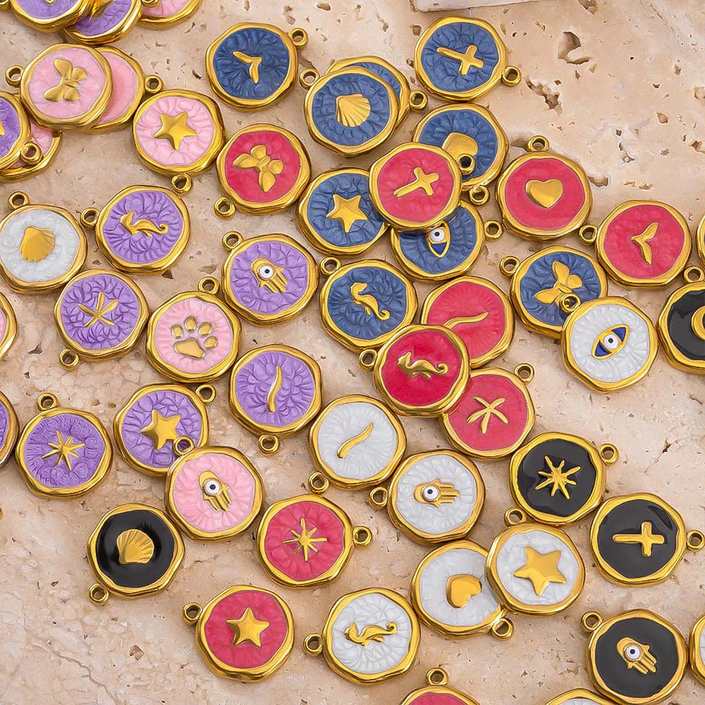 4-8 Stück Edelstahl Emaille Stern Herz Auge Muschel Sonne rund zufällig Charm Basis Fußkettchen Anhänger DIY Ohrring Halskette Schmuck Machen – Detail 1