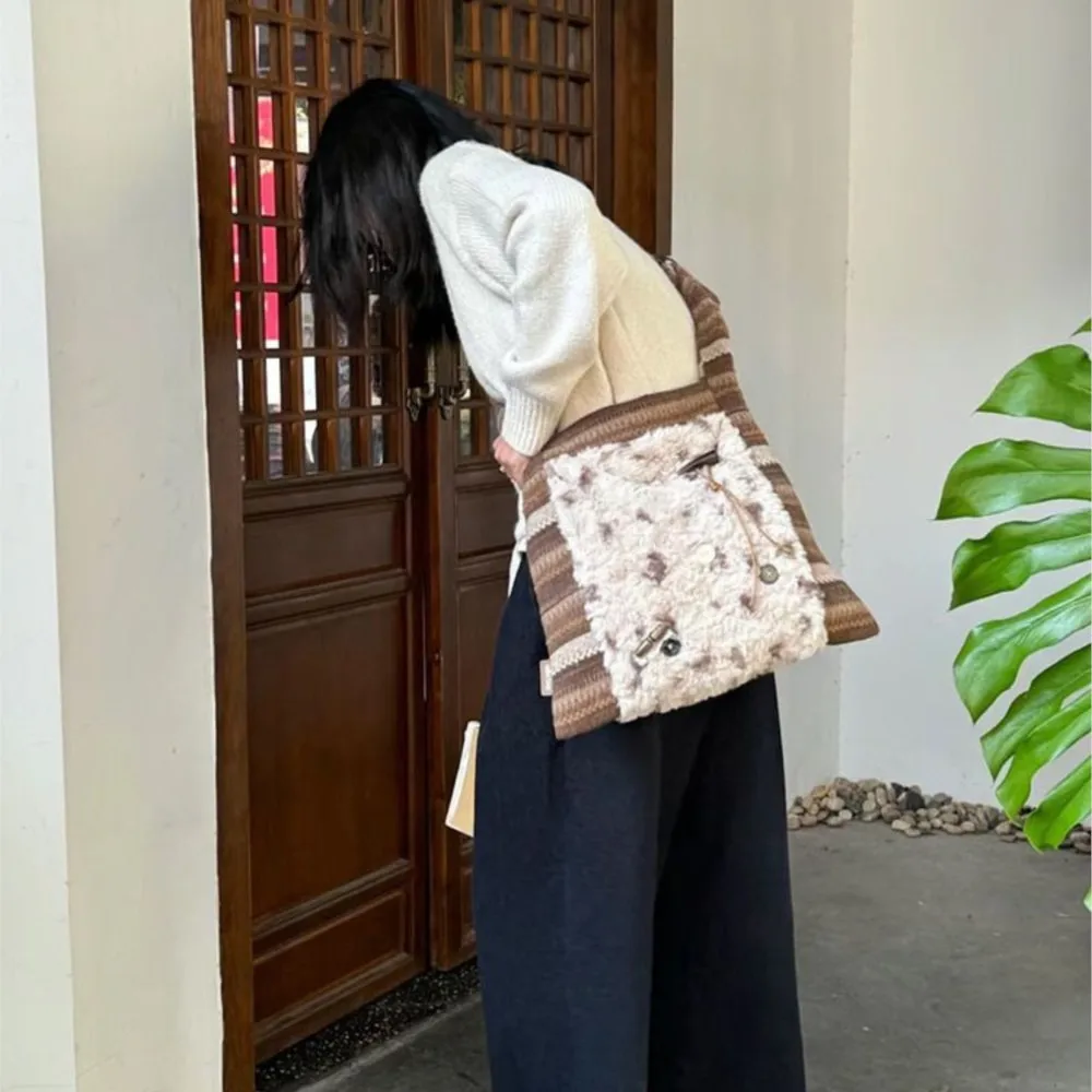 JIAERDI Retro Stripe Tote Bag Women 2025 Harajuku Plush Patchwork Soft Casual Handbag Female Large Capacity Shoulder Bags Bolsos
