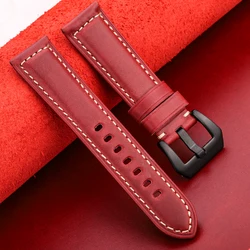 Premium Unisex Genuine Leather Watchband with Steel Buckle - Oil Wax Cowhide in Multiple Colors - 22mm (Red Brown Black)