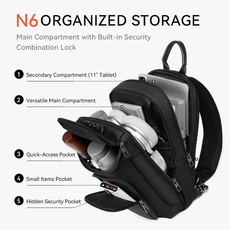 ReeYee N6 6L Sling Chest Bag, Combination Lock Security Crossbody Pack, Unique Design with Smart Organization Compartments 2