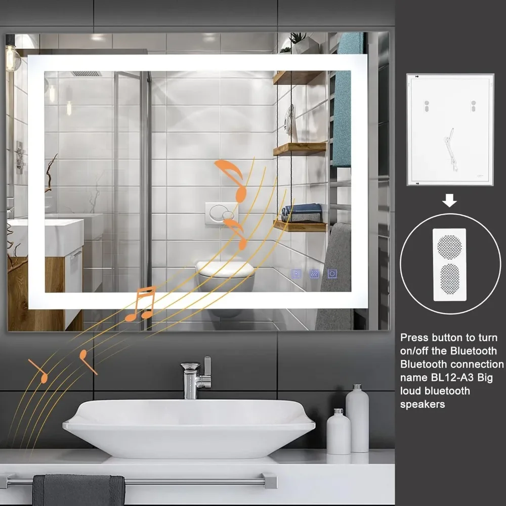 36"&times;28" Dimmable LED Illuminated Bathroom Mirror with Bluetooth Speaker, Anti-Fog Wall Mounted Bathroom Vanity Mirror