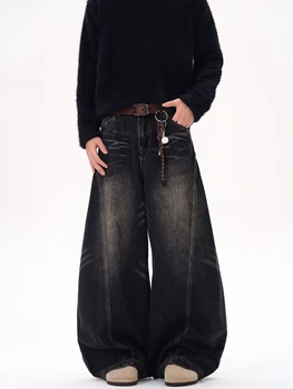 Vintage Black Washed Baggy Jeans Pants Men Wide leg Curved Blade Pants Streetwear Cowboy Casual Denim Straight Trousers 1