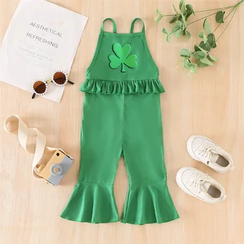 Stylish Baby Girls St Patrick s Day Overalls Jumpsuit with Shamrock Print Ruffled Sleeveless Spaghetti Strap Bell Bottom 1