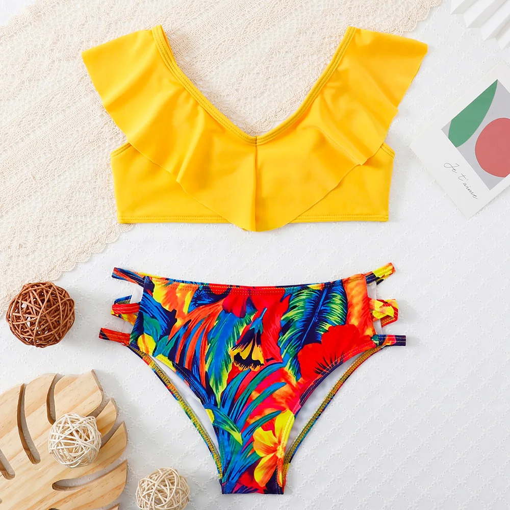 

Tropical Floral Girl Swimsuit Kids Ruffle Trim Bikini Set Two Piece Children's Swimwear 7-14 Years Bathing Suit Summer Beachwear
