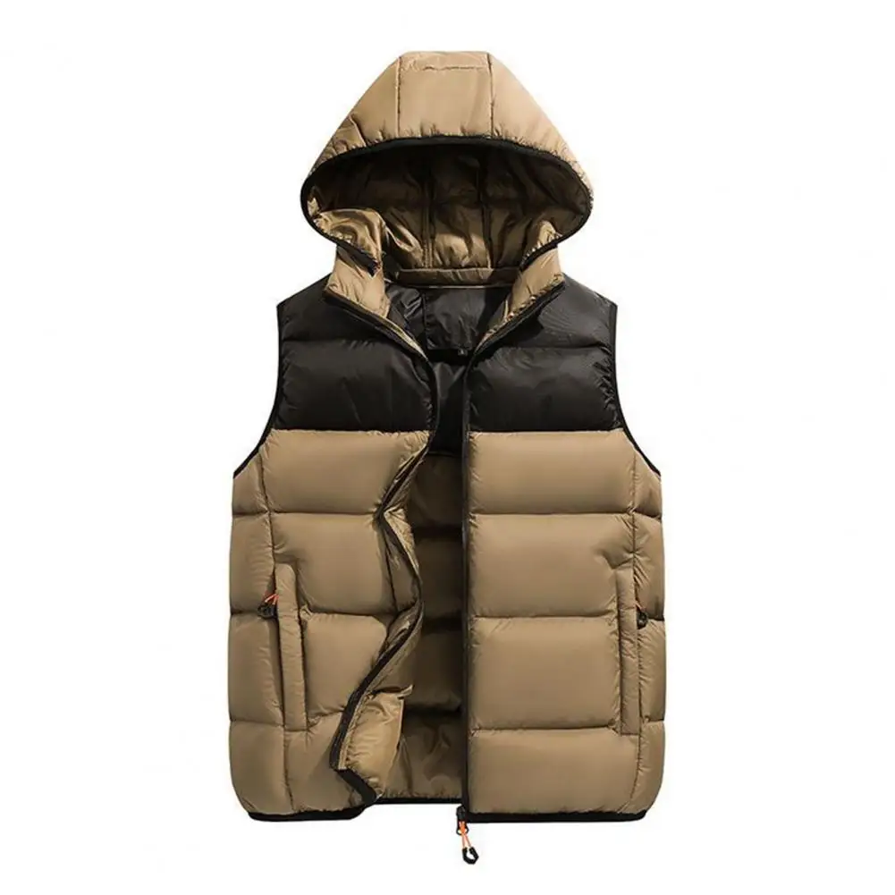 

Zipper Pocket Vest Men's Winter Hooded Cotton Vest with Drawstring Pockets Zipper Closure Thick Warm Windproof Waistcoat for Men