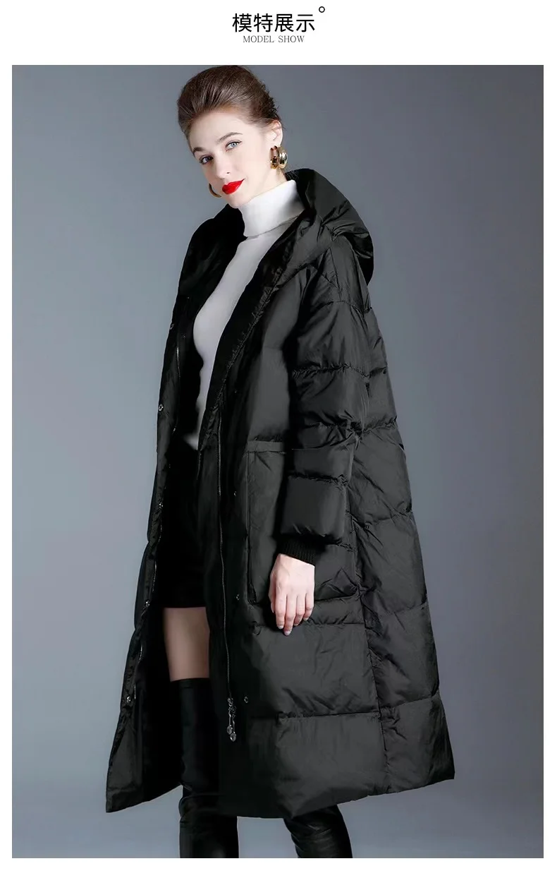 2023 winter new down jacket women's mid-length over the knee loose hooded thick warm white duck down bread casual fashion