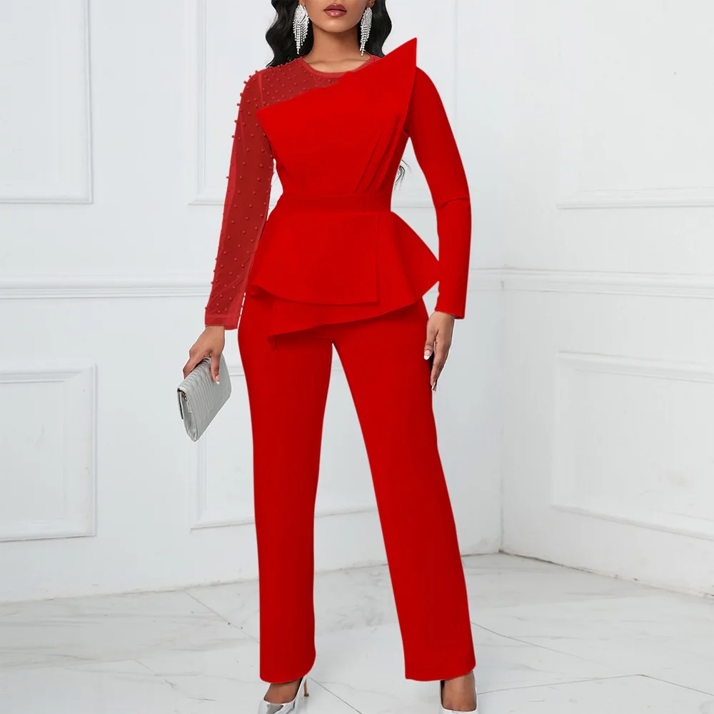 

Elegant Jumpsuits & Rompers for Women O Round Transparent Beaded Full Sleeve Ruffles Luxury Female Birthday Party Dinner Outfits