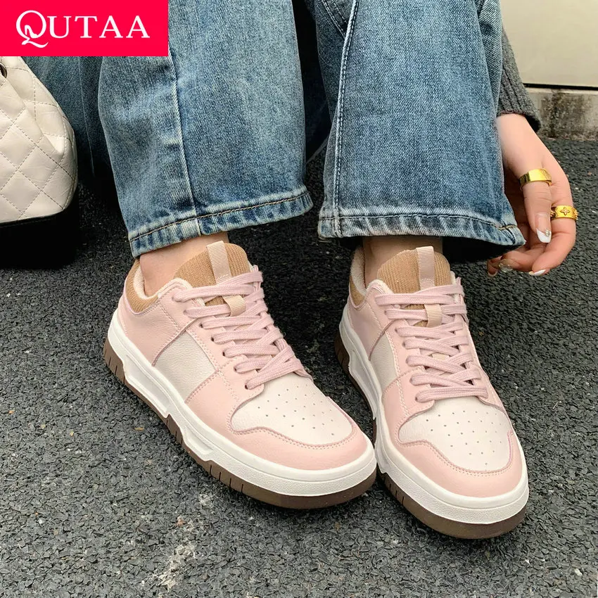 

QUTAA 2023 Spring Summer Women Sneakers Low Heel Genuine Leather Platforms Fashion Lace-Up Sports Shoes Woman Casual Size 35-40