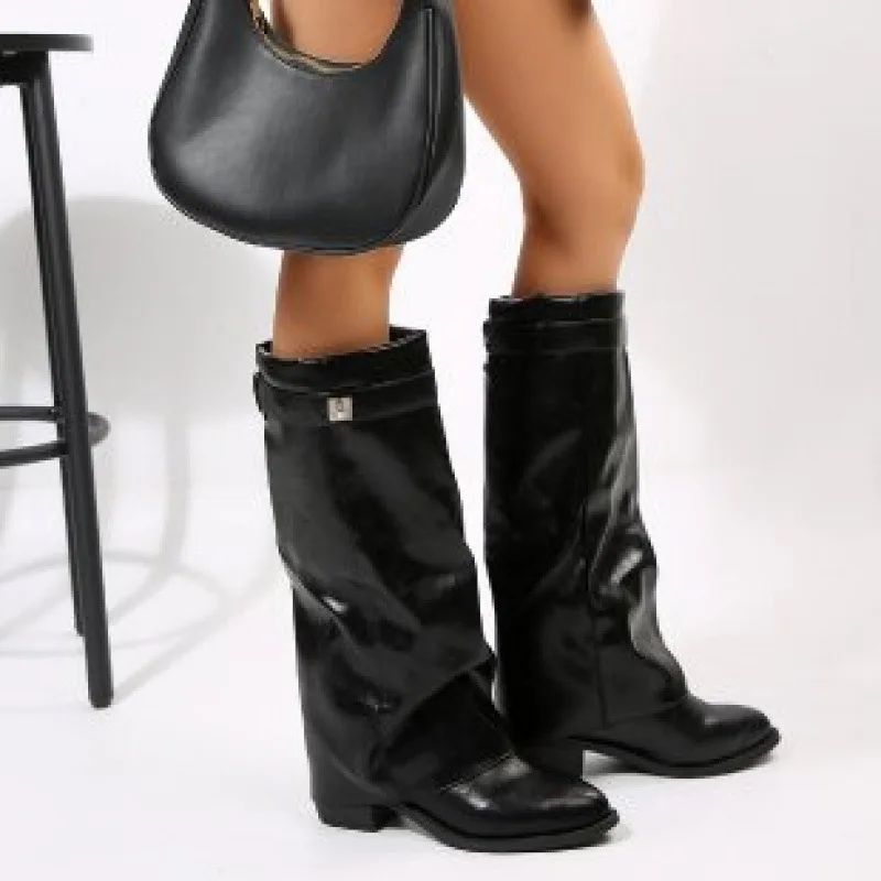 Fashion Boots Chunky Heel Women's Mid-Calf Pants Tube Boots British Style round Toe Synthetic Leather Rubber Bottom Boots