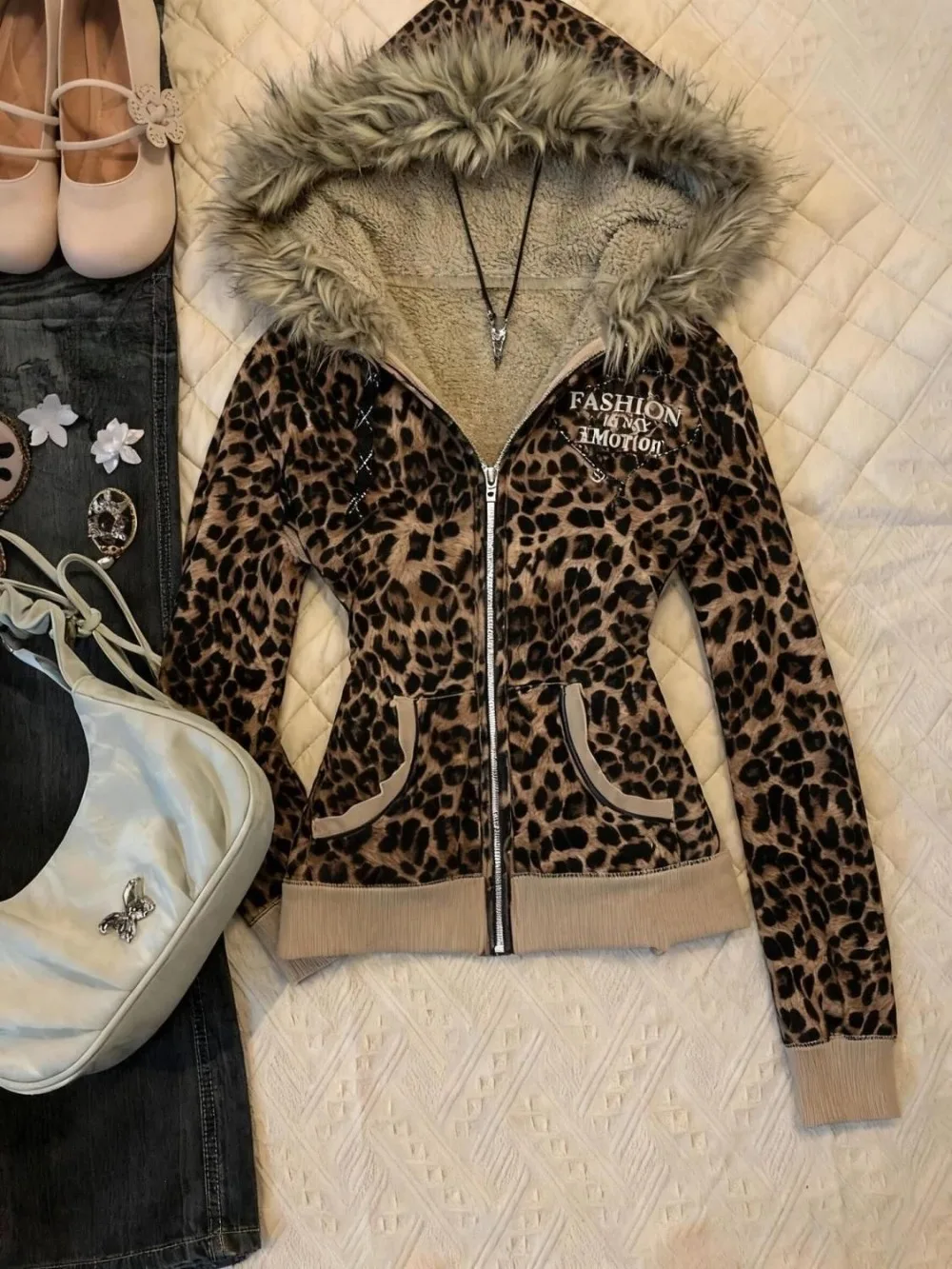 Y2K Hot Girl Autumn Winter Harajuku Vintage Leopard Print Slim Fit Sweatshirt Women Gothic Fur Collar Zipper Long Sleeve Hoodie