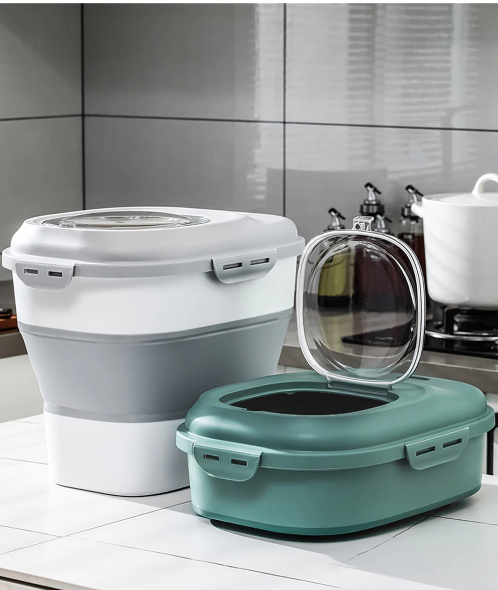 Contenitore Cibo Per Animali 15kg - A Tenuta D'Aria, Pieghevole, Con Ruote E Manico, Grigio/Bianco - Foto 12