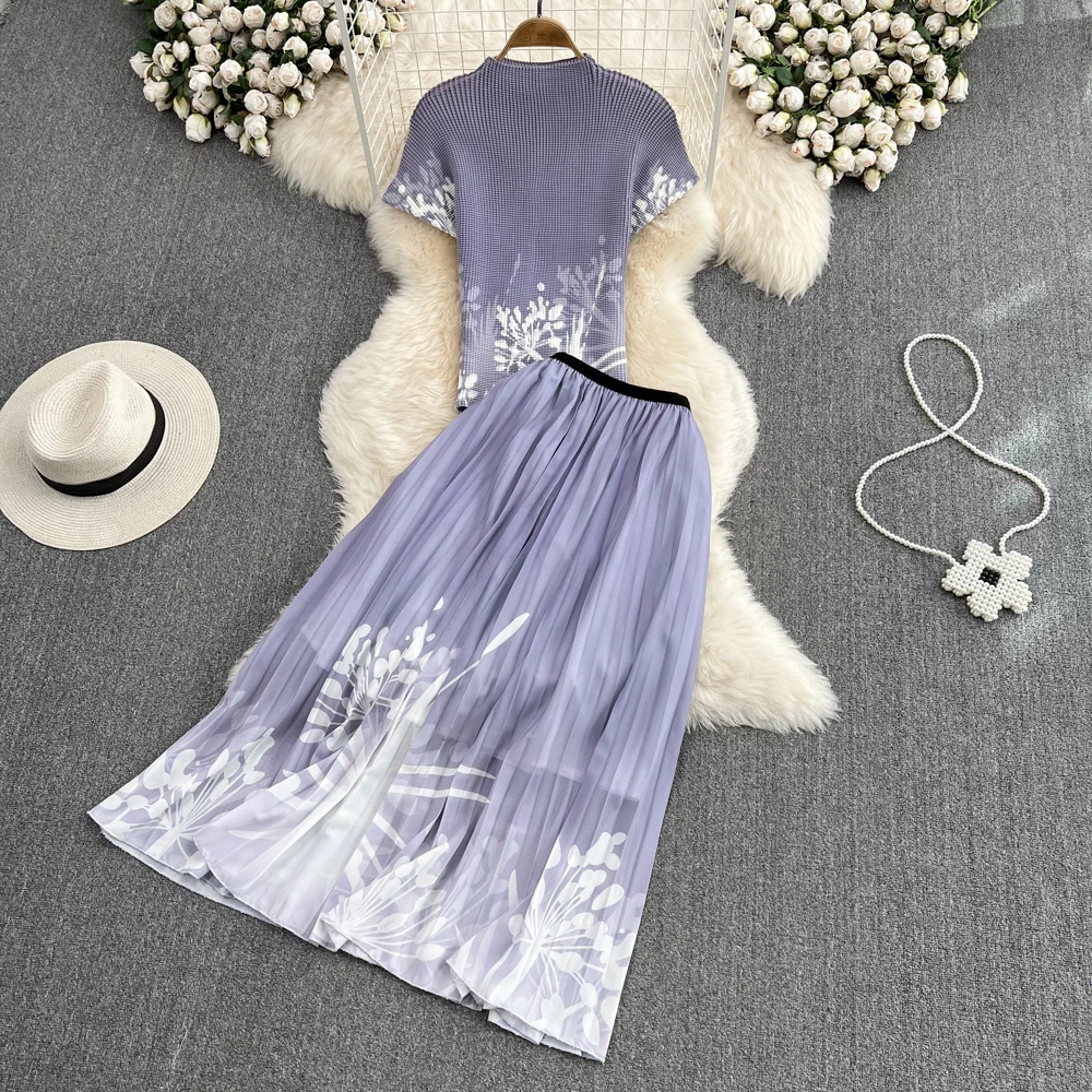 

Print Pleated Women Top Skirt Two Piece Set Temperament Long Sleeve Female Cloth 2023 Spring Summer New Arrival