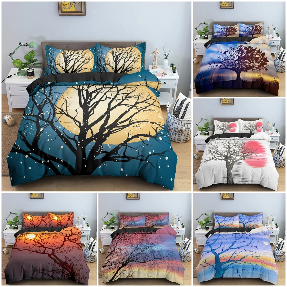 

3D Landscape Duvet Cover Bedroom Decor Luxury Bedding Set Tree Silhouette Against Sunset Sky Quilt Cover King Twin Single 2/3Pcs