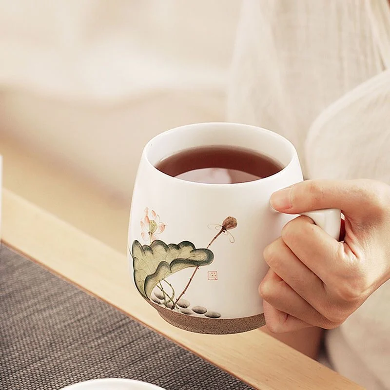 Chinese Style Ceramic Hand drawn lotus pattern Mugs, Home Personal Creative Teacup With Cover Filtered Tea Water Separation, 1Pc