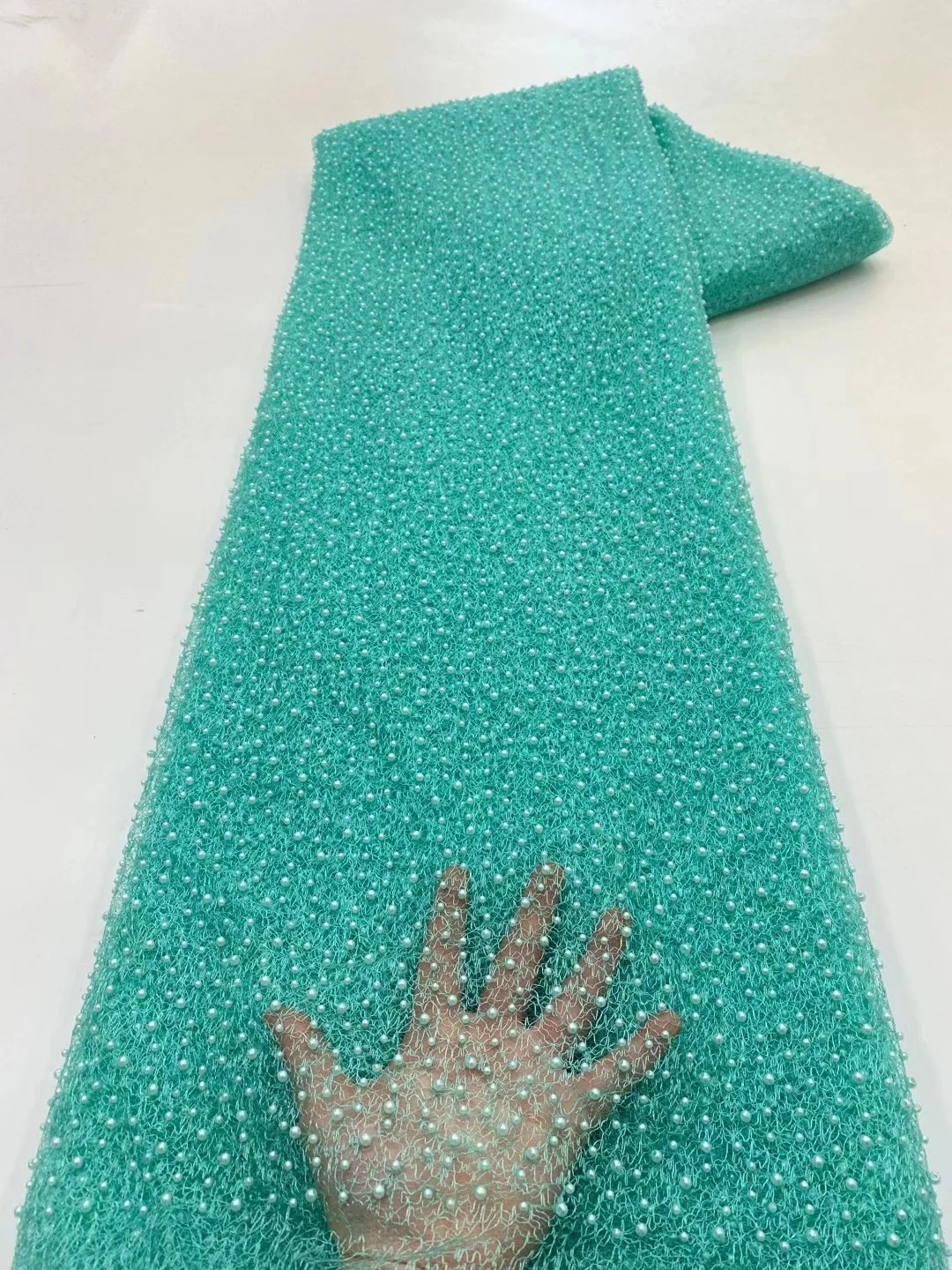

France High-End Handmade Beaded Lace Fabric Nigerian Embroidery Beads with Mesh Lace Fabric for Wedding Dress CXZ5518