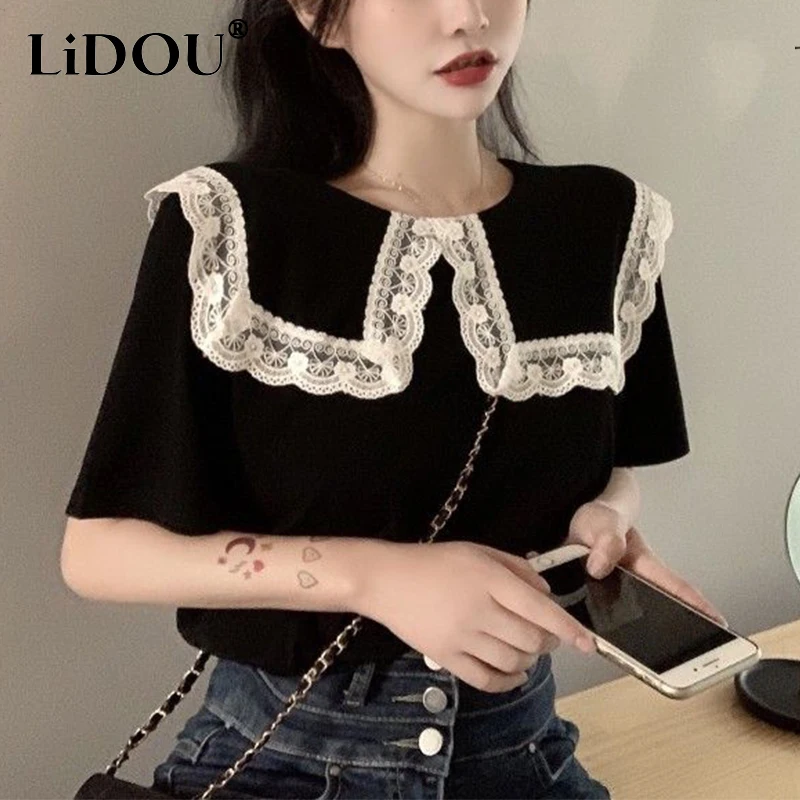 

2023 Summer Women's Turn Down Collar Lace Patchwork T-shirt Ladies Sweet Loose Casual All-match Tops Female Pullovers Girls Tee