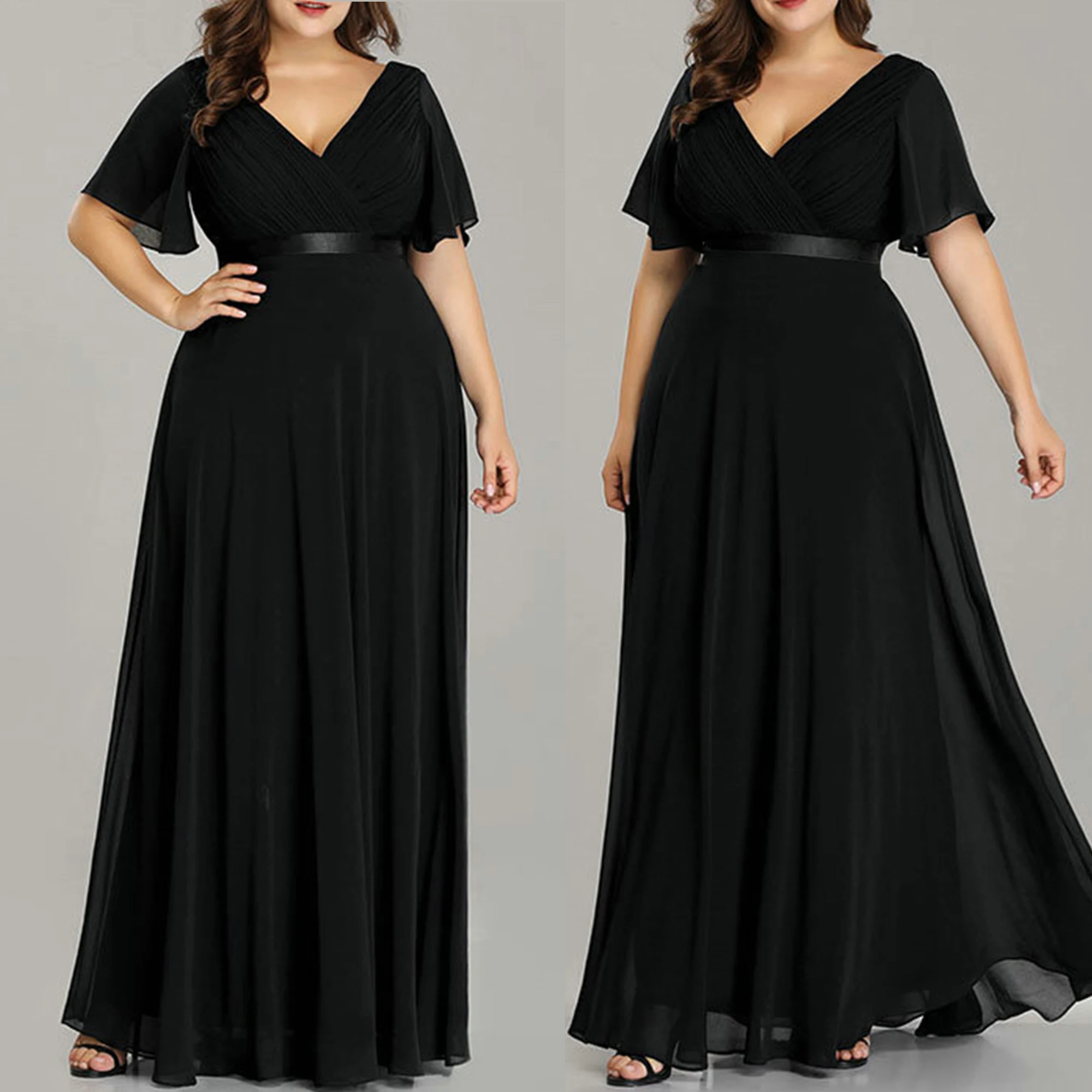 Vestidos de chiffon con volantes en las mangas y tirantes finos Negro Tallas Grandes