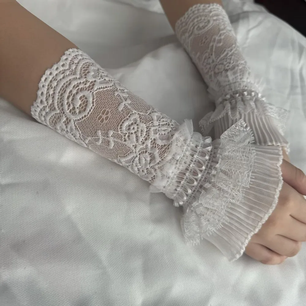 레이스 트림 레이스 팔 슬리브 메쉬 꽃무늬 자수 핑거리스 장갑 러플 커프스 통기성 장식 장갑 특별 행사용