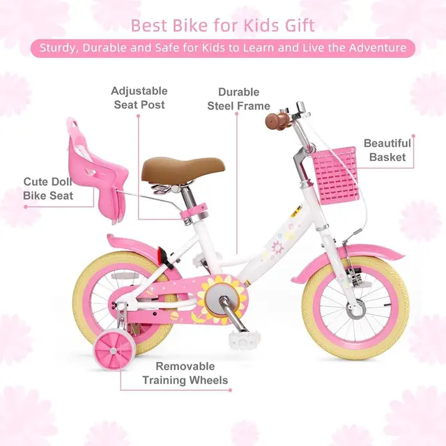 Girls' 12-16 Inch Bike with Training Wheels, Doll Seat, Basket, and Adjustable Seat for Ages 2-9