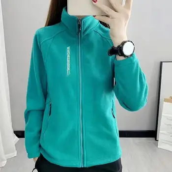 Women Stand Collar Coat Lady Girls Zip-up Polar Fleece Sport Style Tops Zipperes Pockets Solid Thick Plush Thermal Cardigan Coat