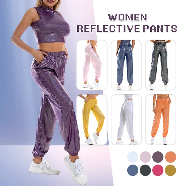 Women High Waist Metallic Jogger Pants Reflective Trousers Shiny  Holographic Pants Loose Hip Hop Dance Pants