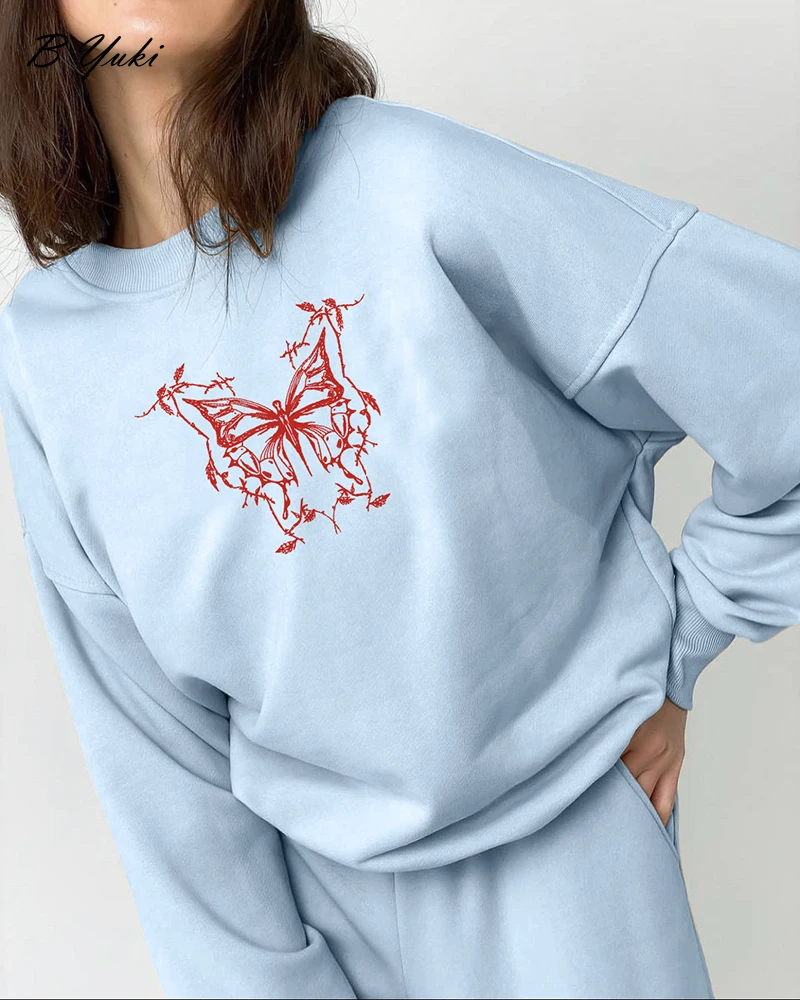 Blessyuki Butterfly Printed Hoodies for Women Oversized Cotton Vintage Y2k Sweatshirt Streewear Gothic Pullover Kpop Top Clothes