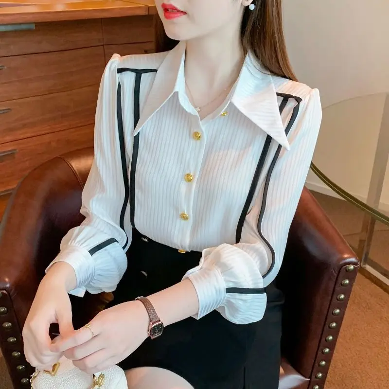 2023 New Spring and Summer Commuter Simple Polo Collar Contrast Color Panel Single Breasted Long Sleeve Top Loose Women's Shirt