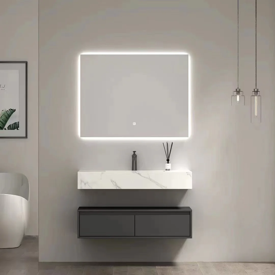 Luxury Modern Hotel Bathroom Vanity Customizable Solid Wood Rock Panel With Smart Mirror Black Color Combination Bathroom Vanity
