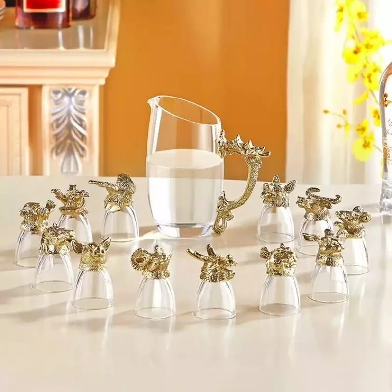 Gold Plated Animal Head Glass Wine Glass Craft Gift Wine Dispenser Vodka Zodiac Set Home Decoration