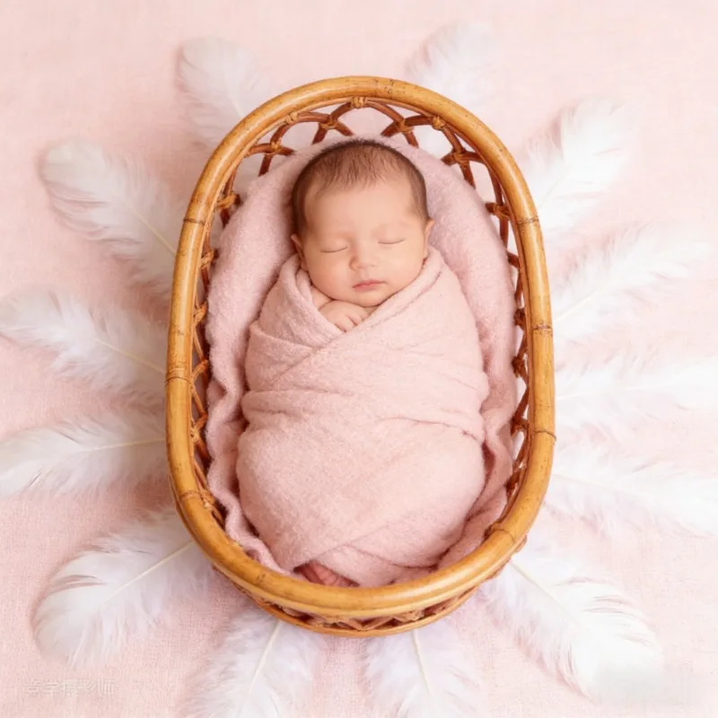 1pc Vintage Rattan Woven Baby Basket & Bed Crib Newborn Photography Props Practical Furniture for Baby Photo Shoot Sessions
