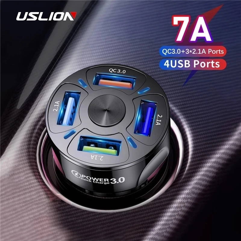 USLION 4 Ports USB Car Phone Charger 48W Quick 7A Mini Fast Charging For iPhone 15 14 Xiaomi Huawei Mobile Phone in Car phone charger