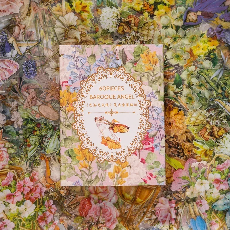 60pcs/pack Scrapbooking Journal DIY Baroque Angel Butterfly PET Stickers Scrapbooking Flower Faerie Journal Card Vintage sticker
