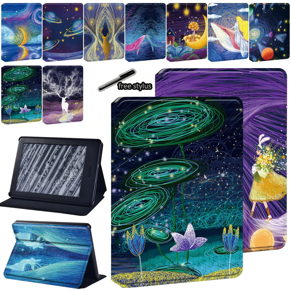 For Amazon Kindle Paperwhite 5/Paperwhite 4/Paperwhite 1 2 3/Kindle 10th/Kindle 8th Paint Print Leather Tablet Stand Cover Case