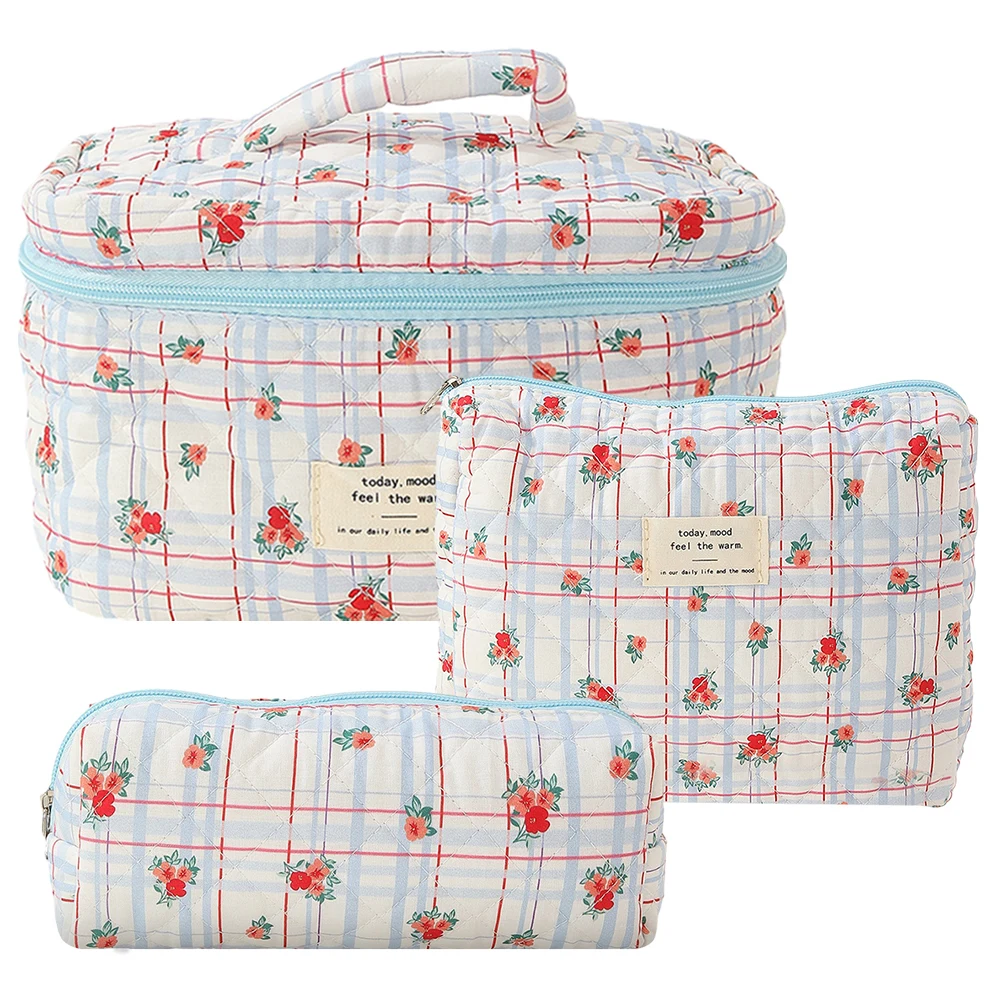 3pcs/set Ladies Quilted Cotton Storage Bag Aesthetic Printed Makeup Bag Women's Large Capacity Toiletry Organizer Cosmetic Pouch 3