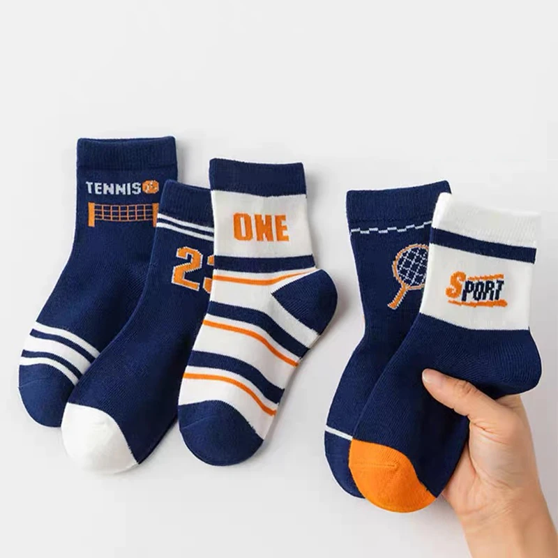 5 Pairs Kids Boys Socks Tennis Series Children Sport School Students Socks Spring Autumn Soft Cotton Toddler Mid Tube Sock