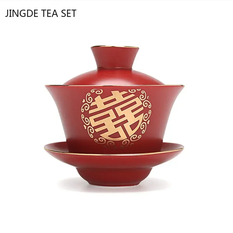 Boutique Red Ceramics Gaiwan with Lid Master Cup Handmade Porcelain Tea Cup Household Tea Bowl Wedding Tea Set Accessories
