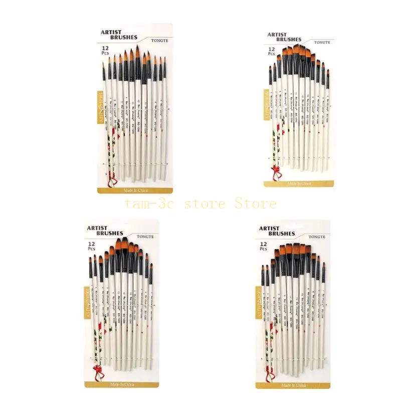 

12PCS Professional Paintbrush Artist Paint Brushes Fine/Round/Flat/Oblique Tip, for Watercolor Gouache Acrylic Painting D0UA