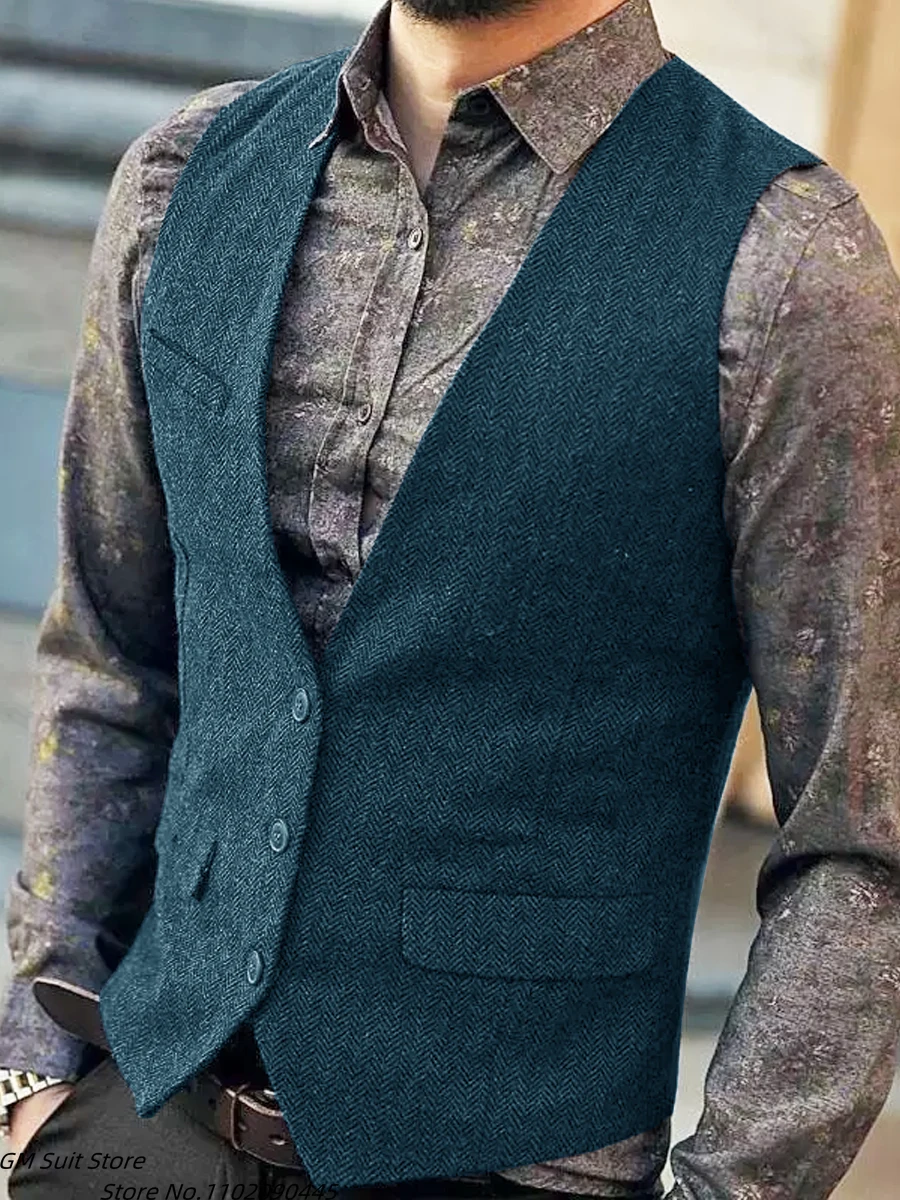 Men's Suit Vest Herringbone V-Neck Slim Sleeveless Vest Solid Color Formal Clothes Waistcoat For Male Marriage Wedding Costumes