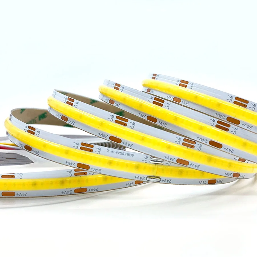 5M 12V 24V 5mm FCOB CCT LED 스트립 조명 2선 600 LED/m 고밀도 플렉시블 3000K6500K 디밍 가능 실내 장
