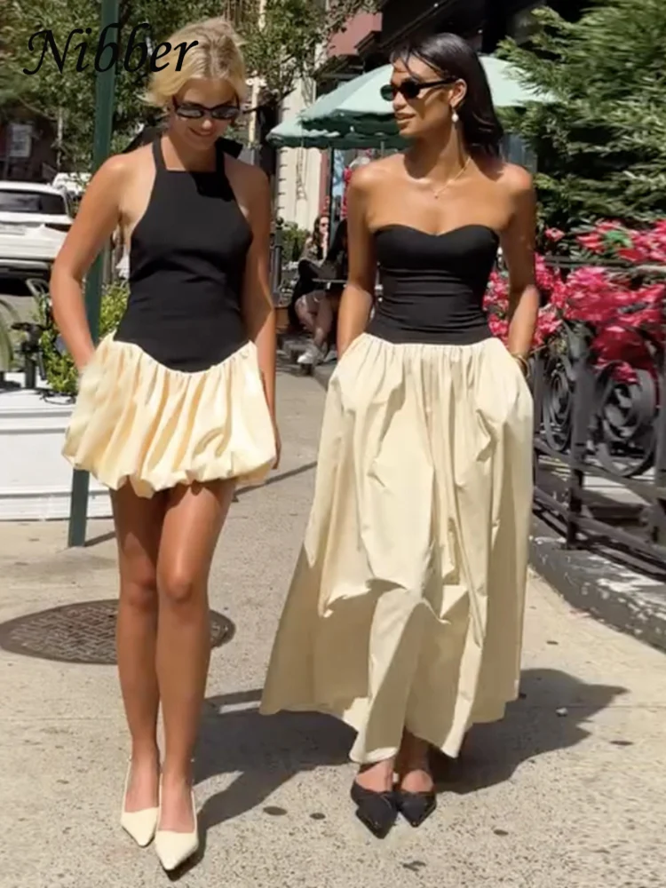 Nibber Halter Backless Dress Women Bandage Knot Ballet style Sleeveless Contrast Patchwork Trend Elastic Streetwear Mini Bodycon