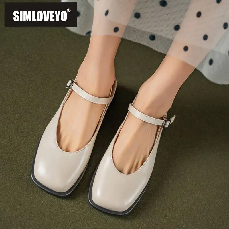 

SIMLOVEYO Design Shoes For Women Square Toe Back Buckle Strap Solid Elegant Female Flats Shallow Comfortable Big Size 41 42 43
