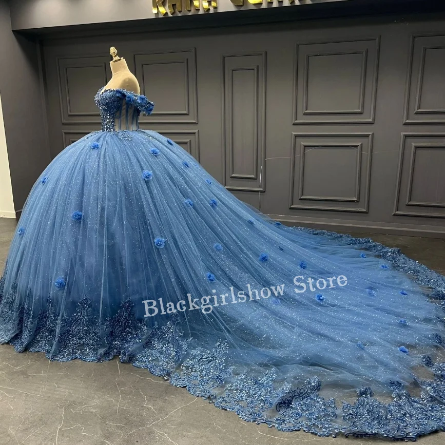 Princess Blue Quinceanera Dress Luxury Sheath Corset Sequin Applique Chapel Train vestido de 15 a&ntilde;os