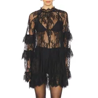 Hirigin femmes dentelle robe transparente Sexy voir à travers maille à manches longues col haut Floral couvrir Cocktail fête Mini robes 5