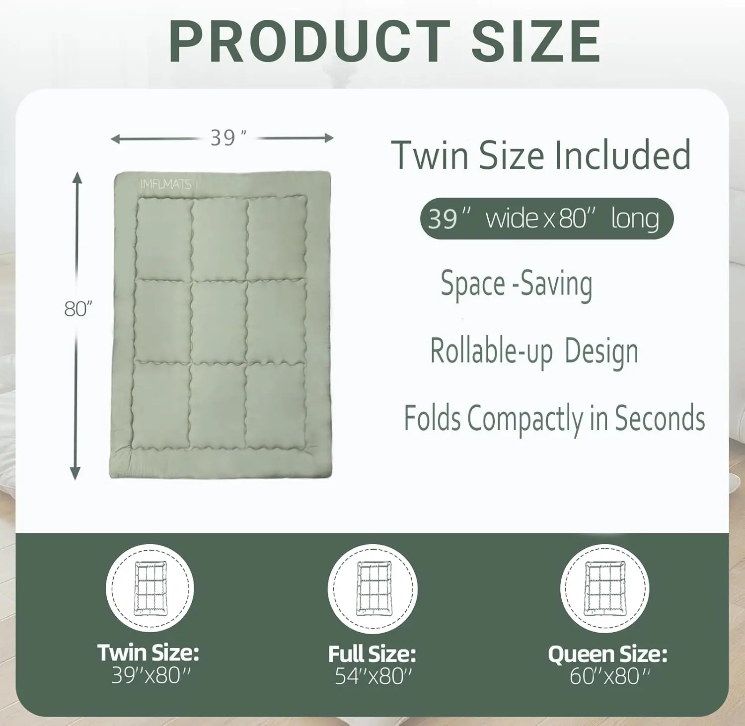 Japanese Floor Mattress. Twin Size 39"x80". Foldable Tatami. Portable Roll Up. For Adults, Dormitory, Camping. Green.