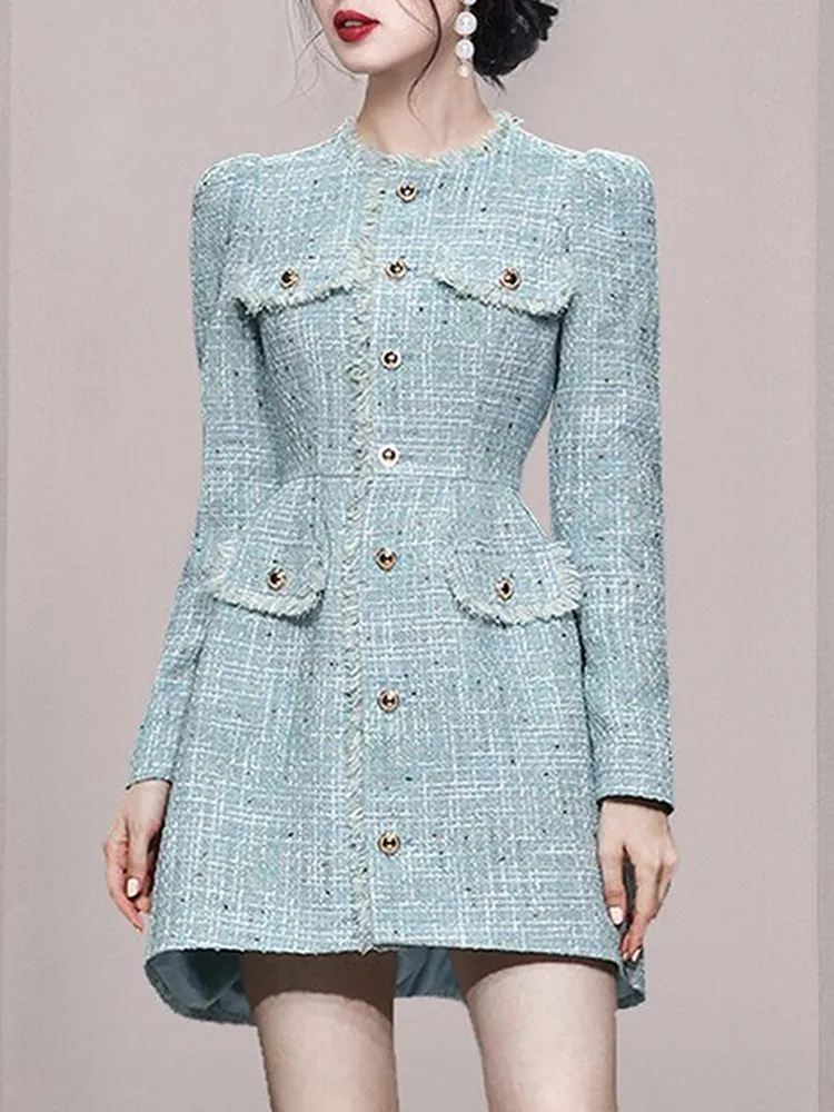 

ZAWFL 2022 Autumn Winter New Blue Fashion Single-breasted Woven Tweed Tassel Chain Decoration Sexy Mini Dress Vestidos