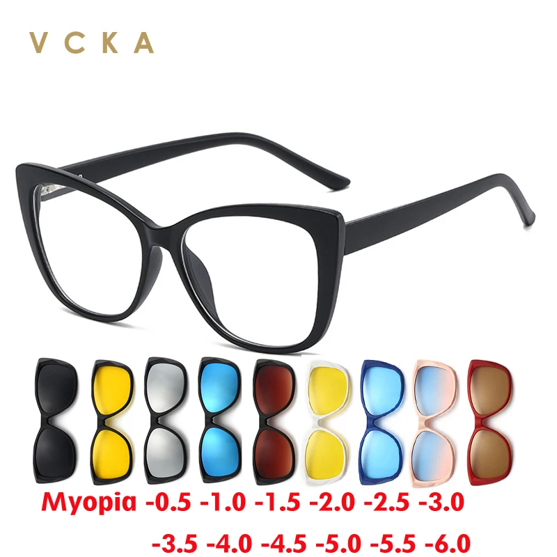 

VCKA 10 In 1 Women Cat Eye Myopia Sunglasses Fashion Polarized Magnetic Clip On Glasses Prescription Eyeglass Frames -0.5~-6.0