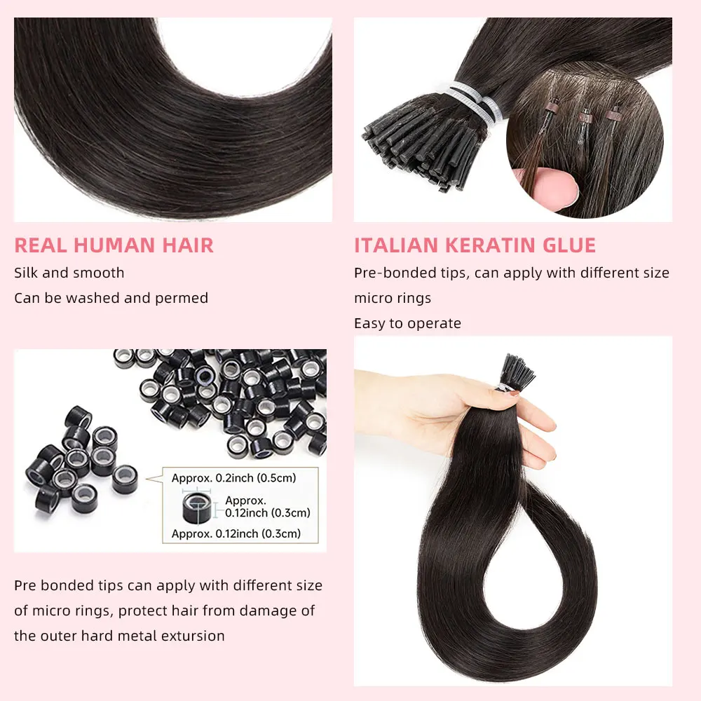 Straight I Tip Hair Extensions Human Hair 16"-24" Fusion Tip Micro Ring Machine Remy Real Human On Capsule 50pcs